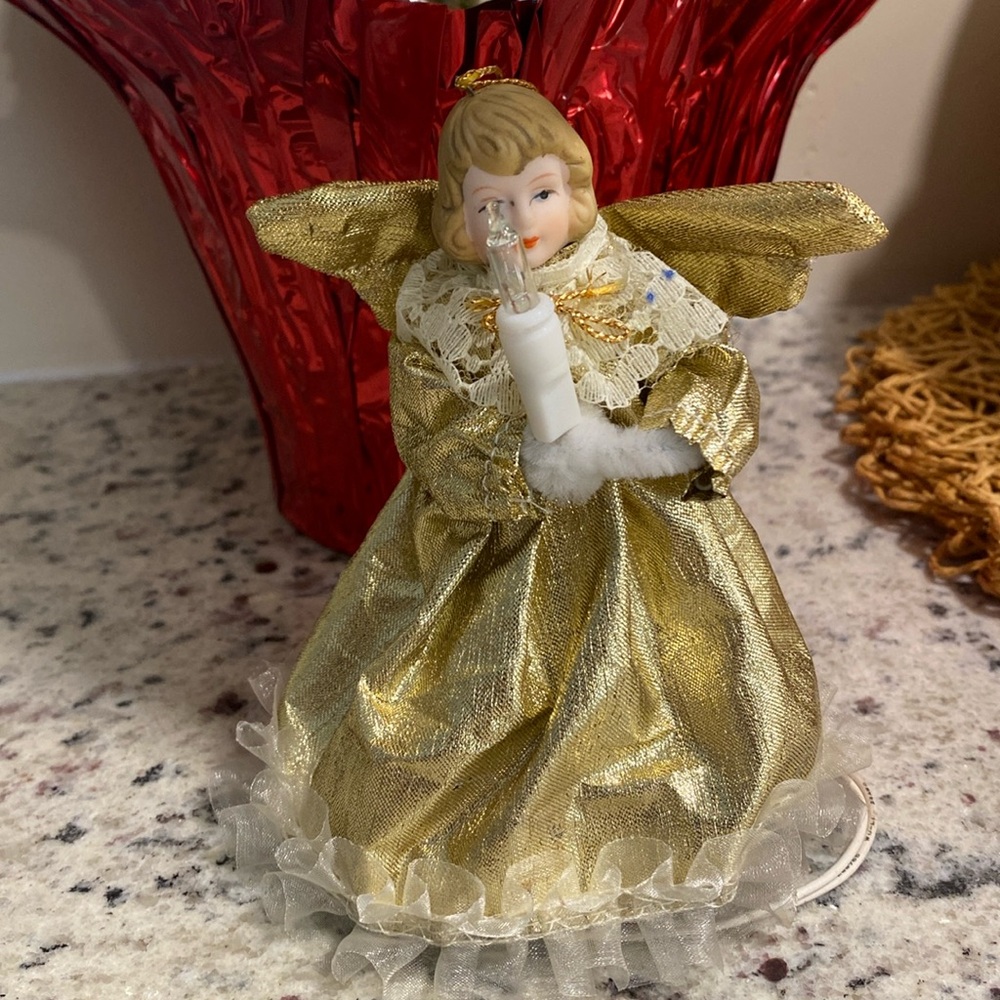 Vintage Porcelain Gold Angel Holding Light Christmas tree topper or ornament ๐ - Picture 1 of 5